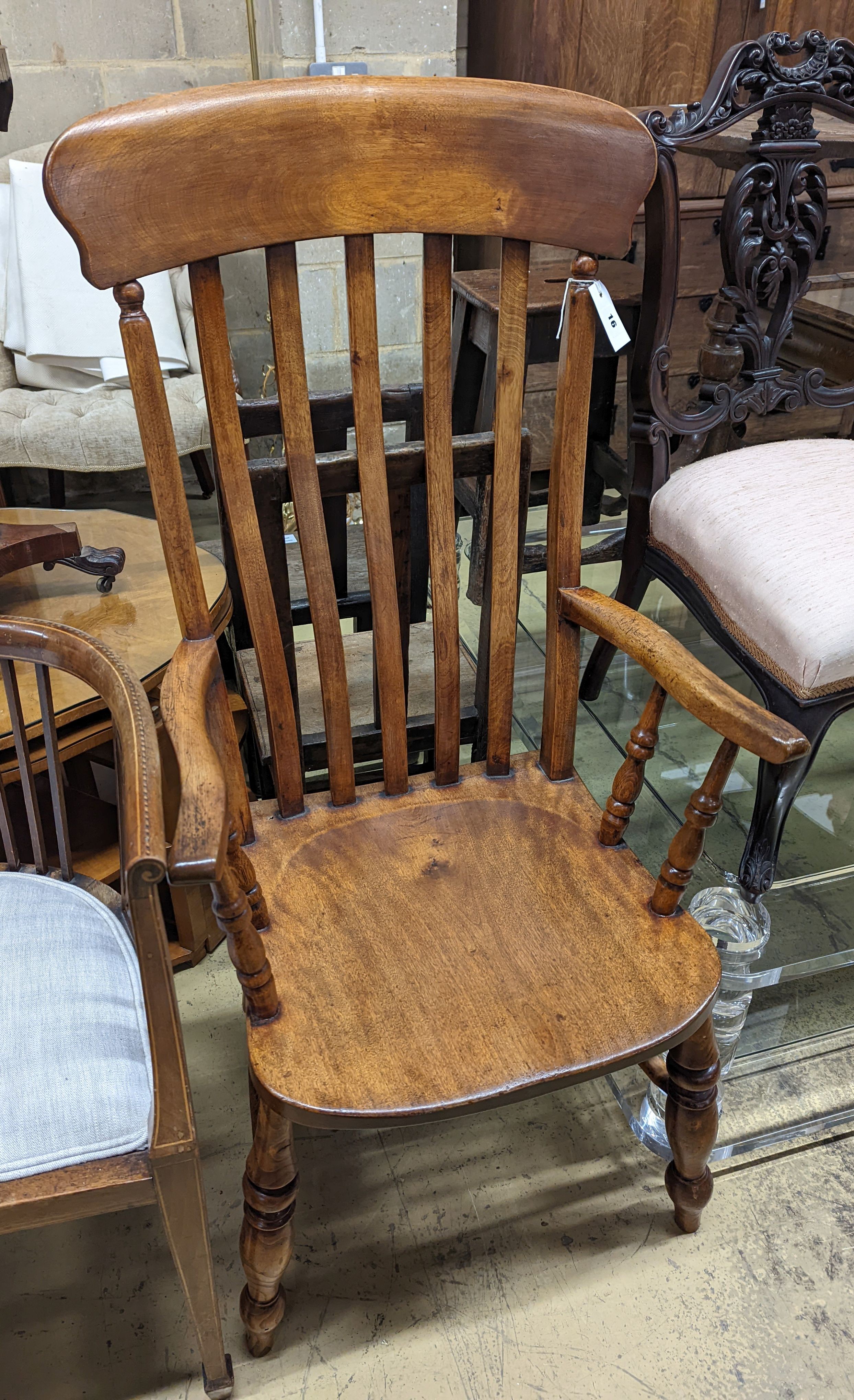 A Victorian elm and beech Windsor lathe back armchair, width 57cm, depth 45cm, height 118cm